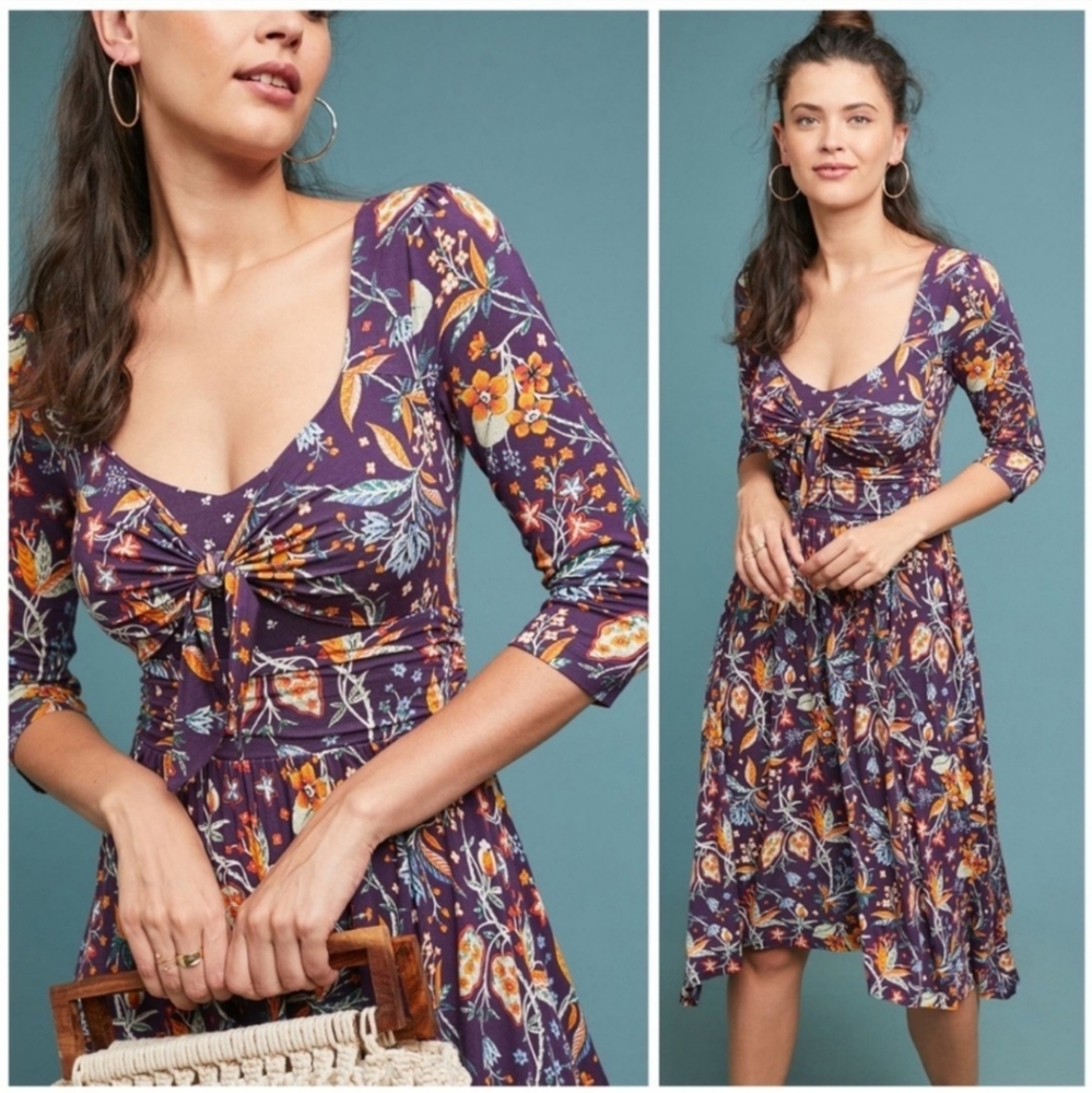 Maeve Purple and Orange Ruched A-line Dress with Scoop Neck